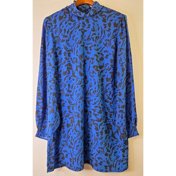 PEYTON JENSEN Royal Blue/Black Floral Print Mini Dress Sz Large Fairy Coquette - Picture 1 of 13